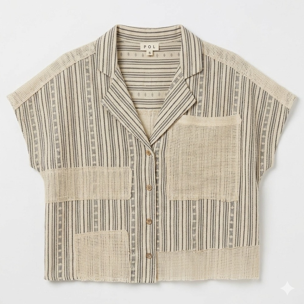 NEW POL Patchwork Striped Button Down Crop Top - Small